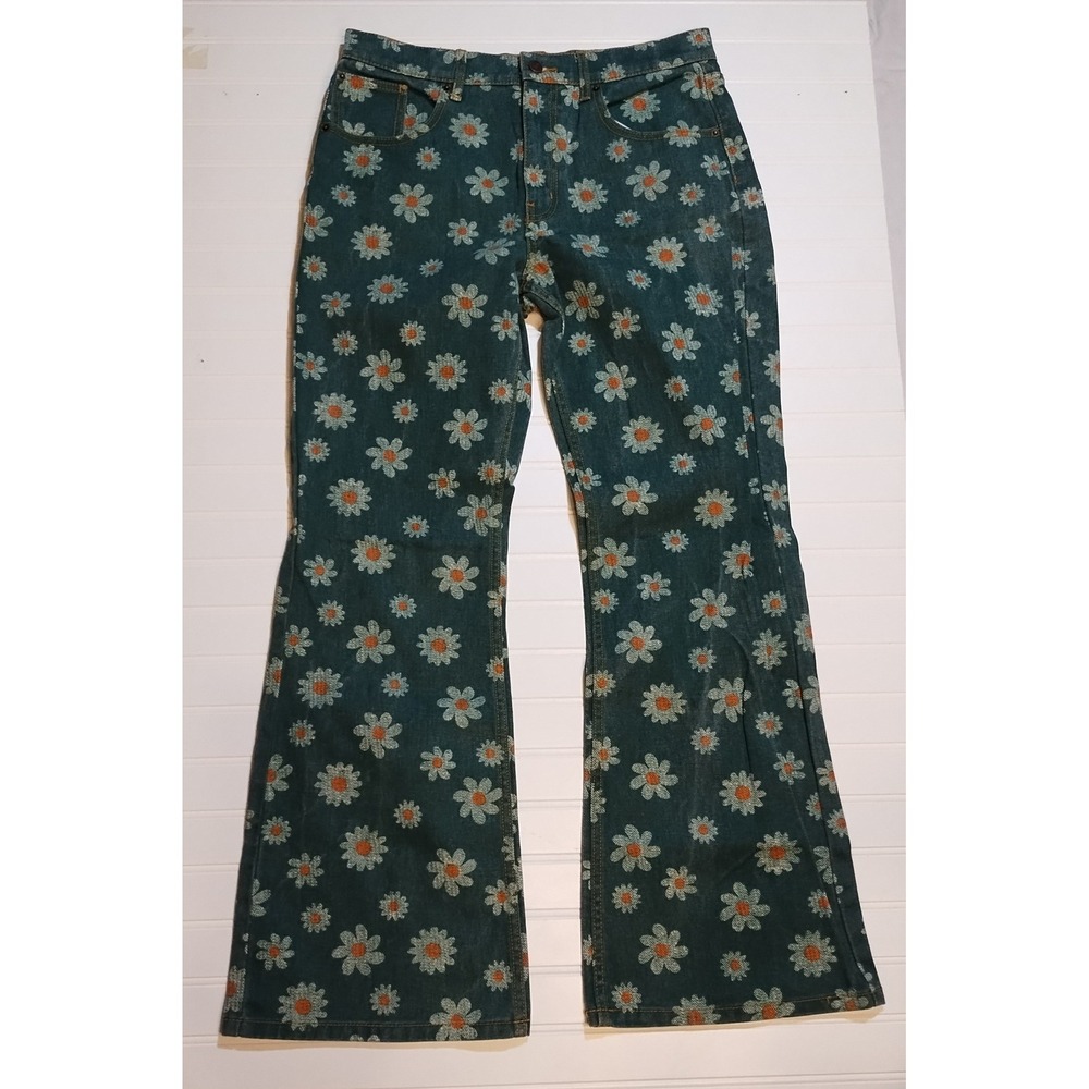 BDG 90s Bootcut Jeans Womens 31 Daisy Floral High Rise Green Whimsigoth Boho 70s